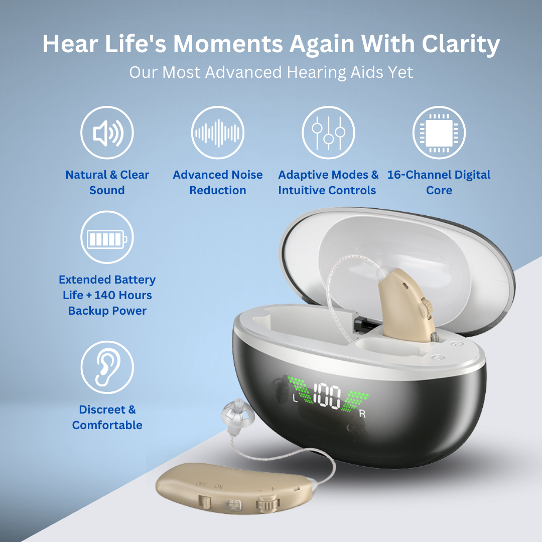 Rechargeable Hearing Aids (RIC) with Wireless Charging Case (Blue) by Clarity Audiology®