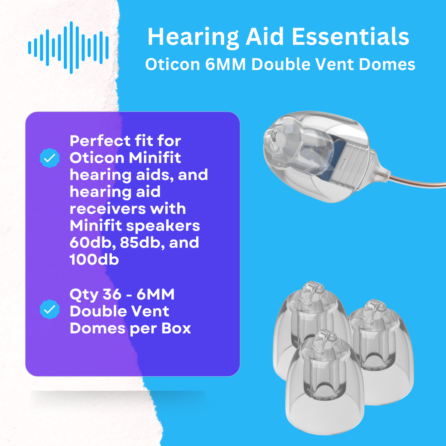 Oticon Hearing Aid Domes - Minifit Bass Double Vent 6MM, Qty 36,