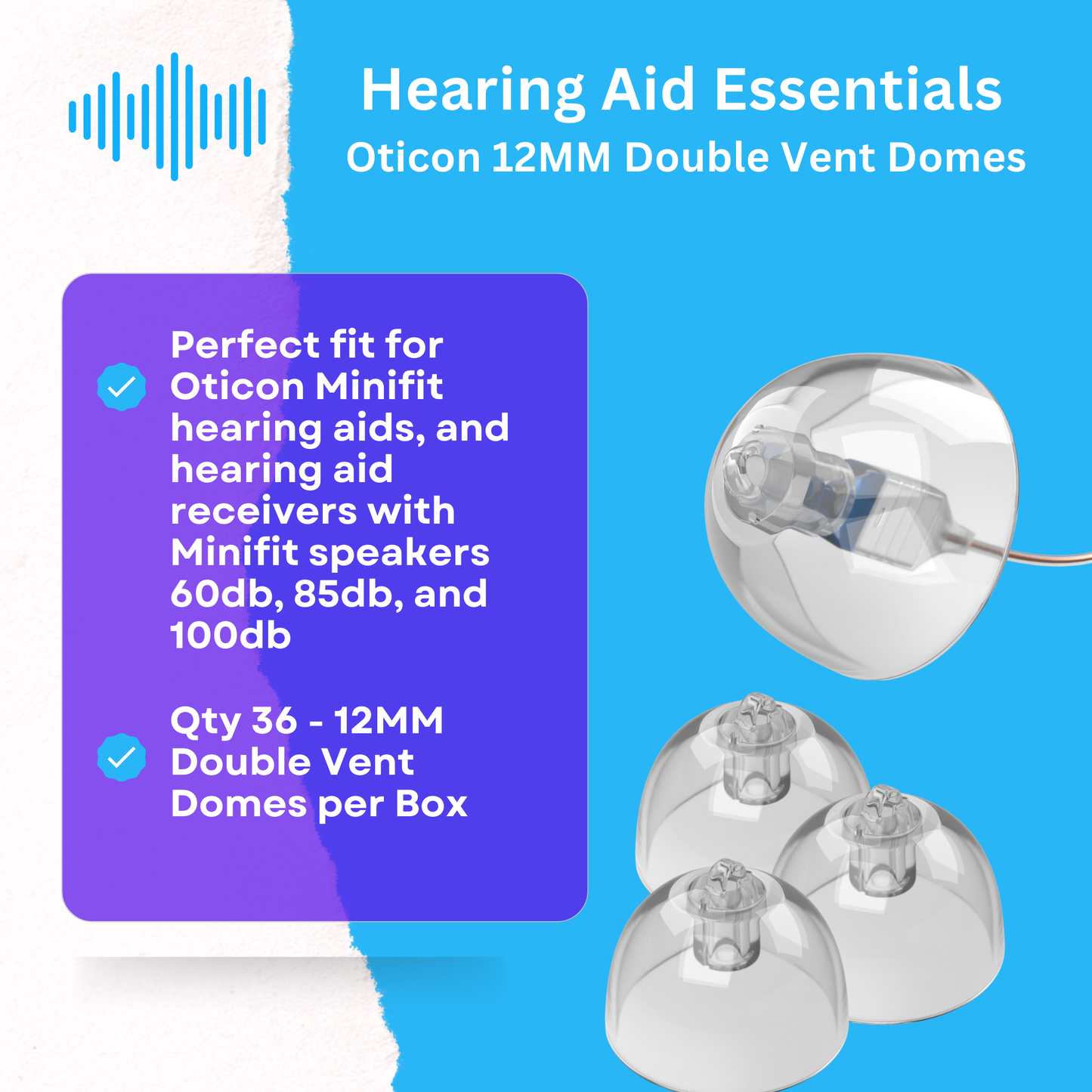 Oticon Hearing Aid Domes - Minifit Bass Double Vent 12MM, Qty 36