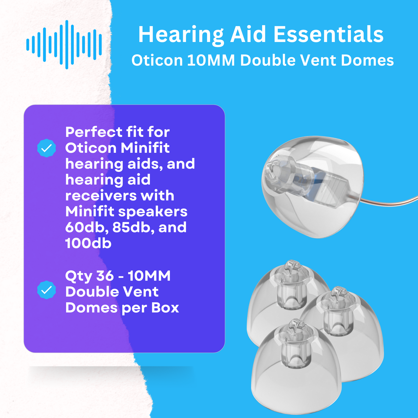 Oticon Hearing Aid Domes - Minifit Bass Double Vent 10MM, Qty 36