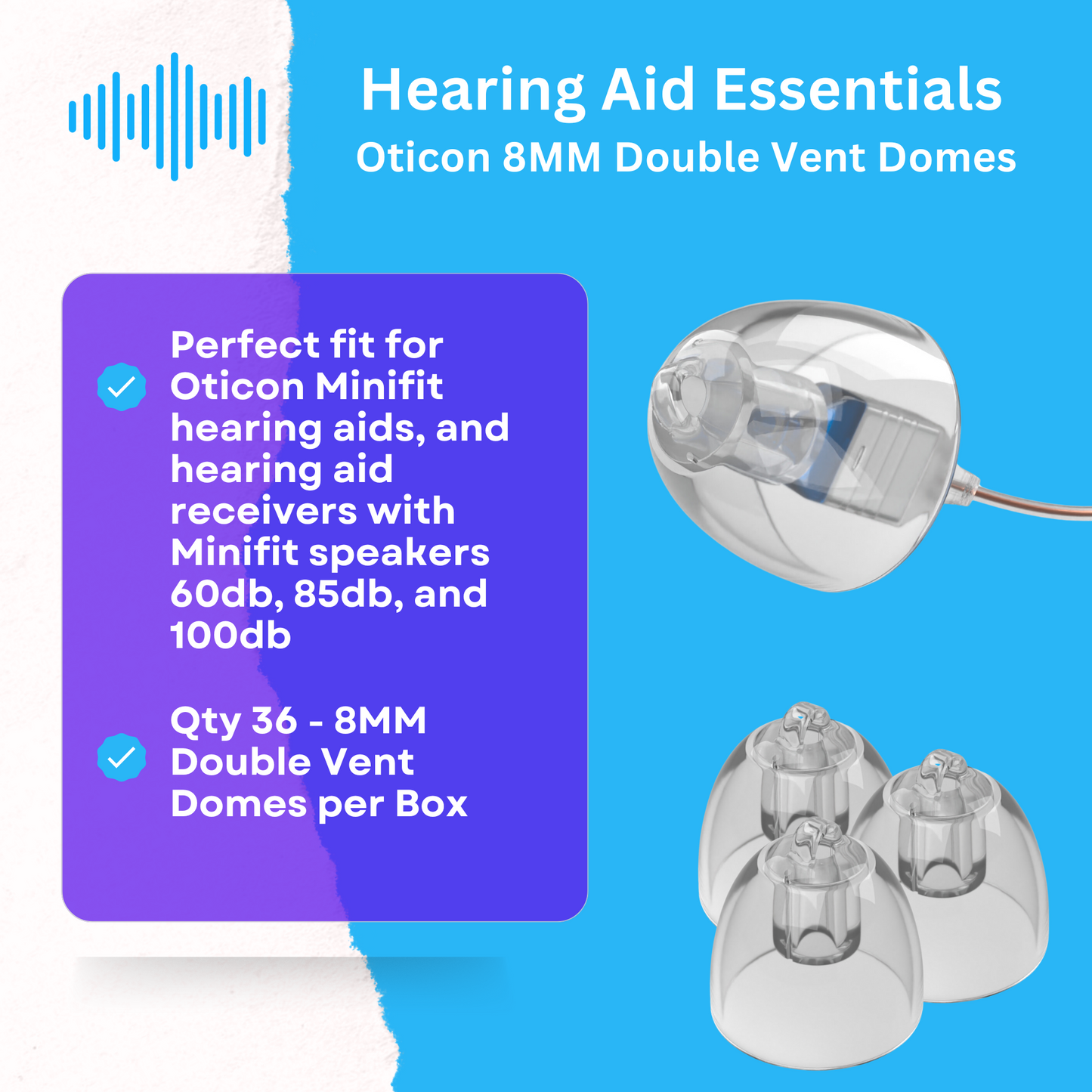 Oticon Hearing Aid Domes - Minifit Bass Double Vent 8MM, Qty 36