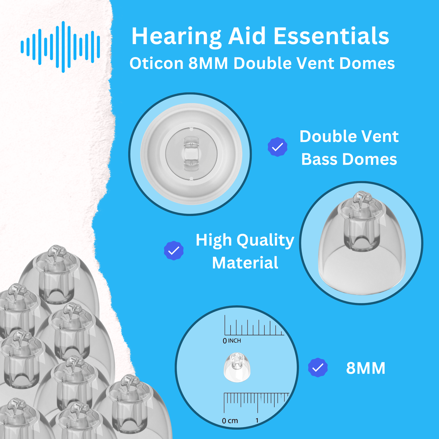 Oticon Hearing Aid Domes - Minifit Bass Double Vent 8MM, Qty 36