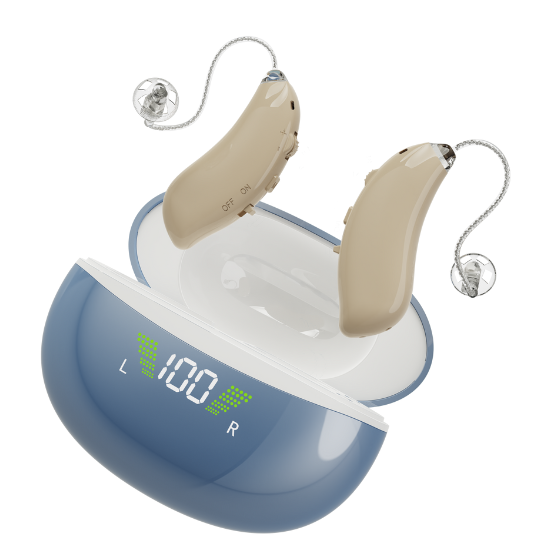 Rechargeable Hearing Aids (RIC) with Wireless Charging Case (Blue) by Clarity Audiology®