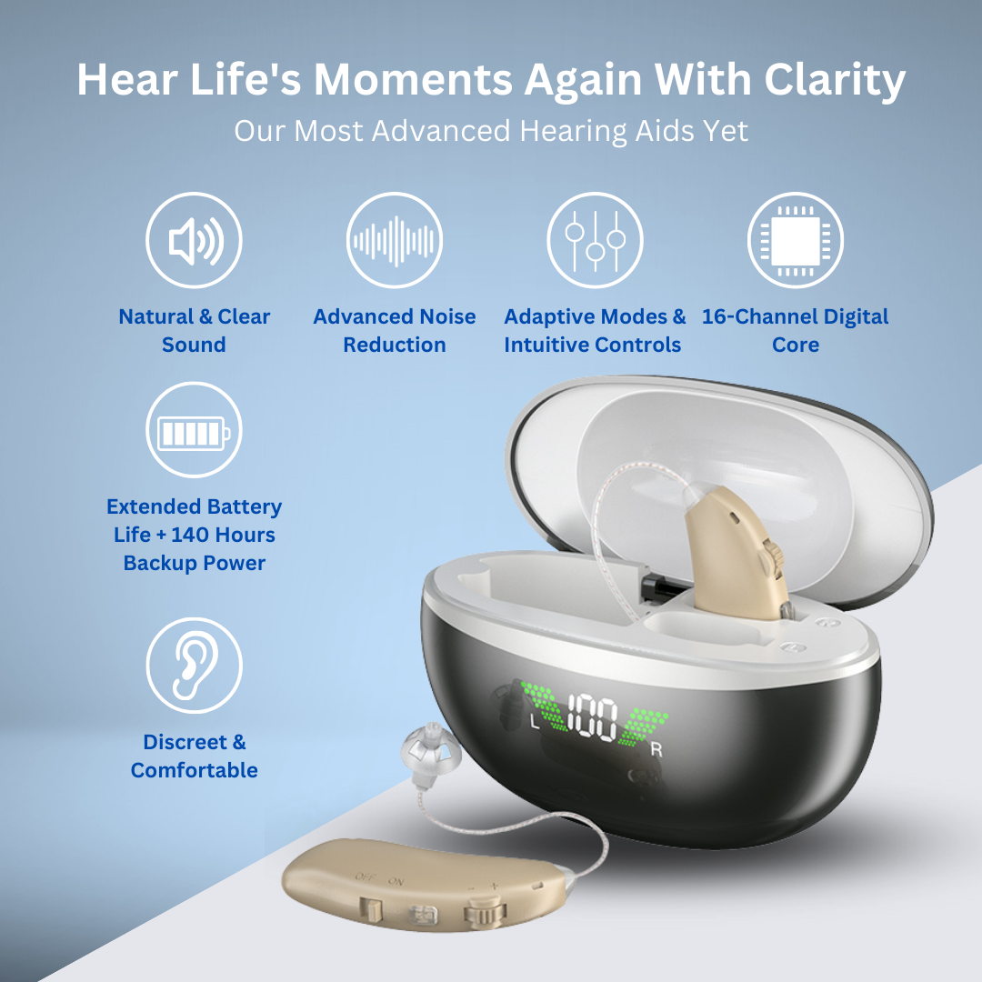 Rechargeable Hearing Aids (RIC) with Wireless Charging Case (Black)